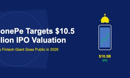 Smartphone with upward graph and golden IPO bell ringing with sound waves on dark blue background