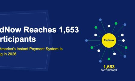 Central golden hub labeled FedNow with radiating connection lines to colorful participant nodes on dark blue background