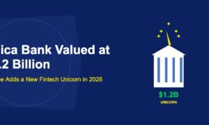 White bank building with columns topped by a golden unicorn horn and sparkles on dark blue background