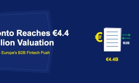 Stacked white invoice documents with euro symbol and green B2B exchange arrows on dark blue background