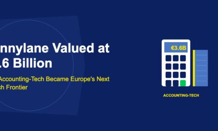 White calculator showing euro amount with blue ledger book and accounting lines on dark blue background