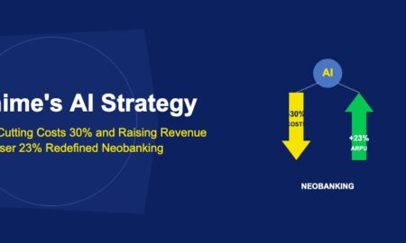 AI brain icon with downward cost arrow and upward revenue arrow showing opposing trends on dark blue background
