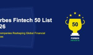 Golden trophy cup with number 50 inside surrounded by stars and Forbes label on dark blue background