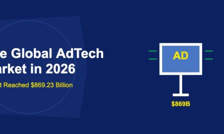 Giant white advertising billboard with blue ad display and radiating green signal lines on dark blue background