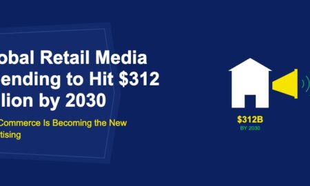 White store building with golden megaphone broadcasting green sound waves on dark blue background