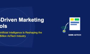 Robotic arm painting an advertising canvas with AI signal waves emanating from blue joint on dark blue background