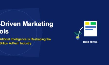 Robotic arm painting an advertising canvas with AI signal waves emanating from blue joint on dark blue background