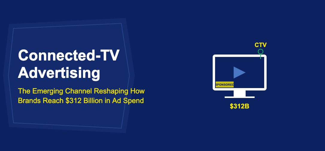 Television screen with play button and sponsored ad overlay with CTV label on dark blue background