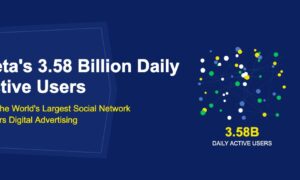 Scattered colorful dots representing billions of connected users with network lines on dark blue background