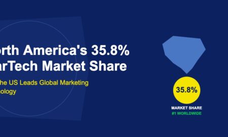 Blue North America continent silhouette with golden 35.8 percent badge on dark blue background