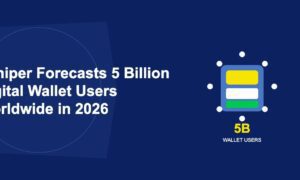Blue rounded wallet card with golden card slot surrounded by white user dots on dark blue background