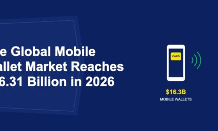 White smartphone with golden card on screen and green NFC contactless waves on dark blue background