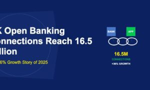 Chain link connections between blue bank and green app icons with 16.5M label on dark blue background