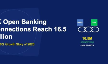 Chain link connections between blue bank and green app icons with 16.5M label on dark blue background