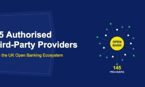 Central golden Open Bank hub with radiating spokes connecting to colorful provider nodes on dark blue background