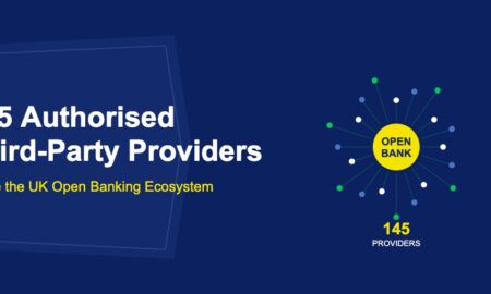 Central golden Open Bank hub with radiating spokes connecting to colorful provider nodes on dark blue background