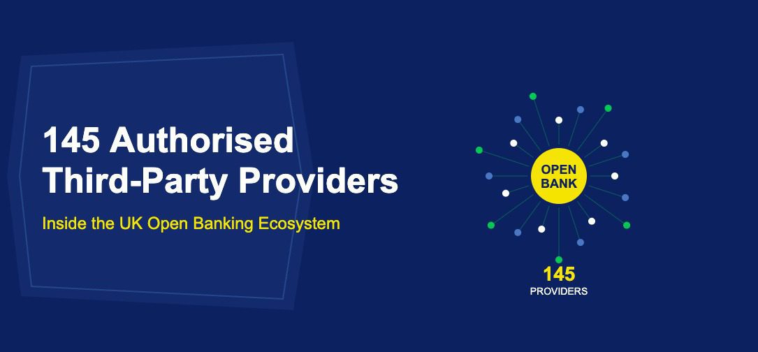 Central golden Open Bank hub with radiating spokes connecting to colorful provider nodes on dark blue background