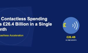 Blue circle with white contactless wave symbol and golden pound sign on dark blue background