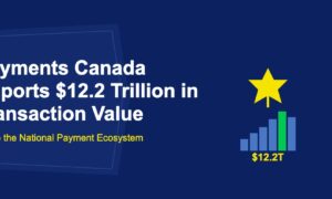 Golden maple leaf with blue and green rising transaction volume bars on dark blue background