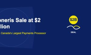 Handshake illustration with golden two billion dollar coin above on dark blue background