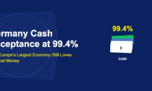 Stack of colorful euro banknotes with large 99.4 percent text on dark blue background