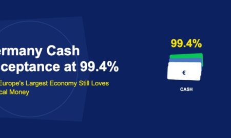 Stack of colorful euro banknotes with large 99.4 percent text on dark blue background