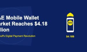 White smartphone with golden AED wallet badge and ornamental dome accent on dark blue background