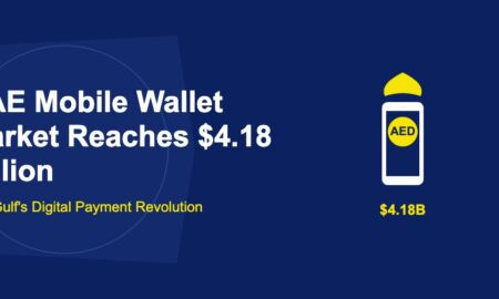 White smartphone with golden AED wallet badge and ornamental dome accent on dark blue background