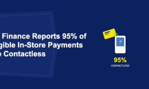 Payment card tapping white terminal with green contactless waves and 95 percent text on dark blue background