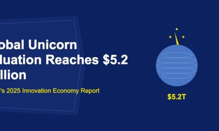 Blue globe with golden unicorn horn and sparkling stars above on dark blue background