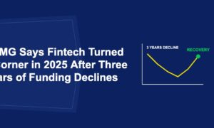 V-shaped recovery chart line with green recovery dot after three years of decline on dark blue background