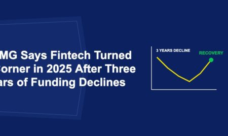 V-shaped recovery chart line with green recovery dot after three years of decline on dark blue background