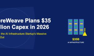 Three blue server racks with blinking green and yellow LED lights and golden construction crane on dark blue background