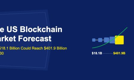Growing chain of blockchain blocks increasing in size from left to right with growth curve on dark blue background