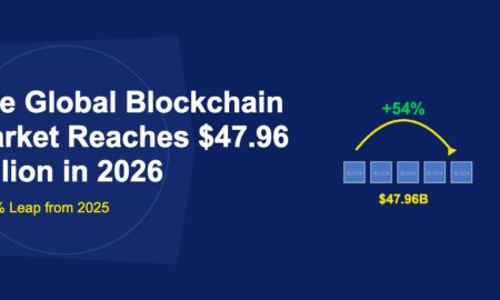 Five blockchain blocks with golden leaping arrow arc showing 54 percent jump on dark blue background
