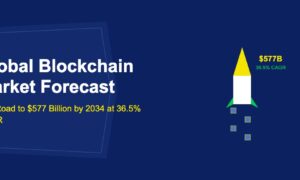 White rocket with blockchain block exhaust trail and golden $577B target label on dark blue background