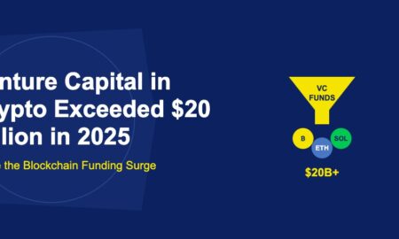 Golden VC funnel pouring into Bitcoin Ethereum and Solana coins below on dark blue background