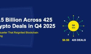 Golden Q4 2025 circle with exploding firework sparks and deal counter on dark blue background