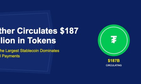 Giant green Tether USDT coin with white border and 187 billion dollar label on dark blue background