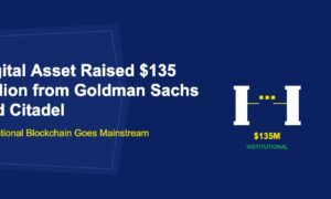 White institutional columns flanking golden blockchain chain links with 135 million label on dark blue background