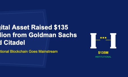 White institutional columns flanking golden blockchain chain links with 135 million label on dark blue background