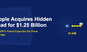 Blue XRP ripple circles with golden bridge connecting to white prime brokerage box on dark blue background