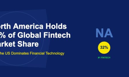 Large blue NA letters with golden 32 percent badge and number one fintech label on dark blue background