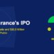 Green insurance umbrella with golden IPO bell badge and 58.9 percent ratio on dark blue background