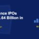 Rising blue and golden IPO bars with bell icon and 2.64 billion label on dark blue background