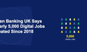 Grid of colorful people icons with briefcases representing 5000 digital jobs on dark blue background