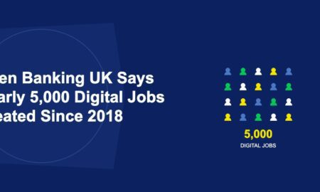Grid of colorful people icons with briefcases representing 5000 digital jobs on dark blue background