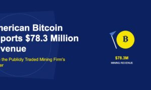 Golden Bitcoin coin with blue mining pickaxe and 78.3 million revenue label on dark blue background