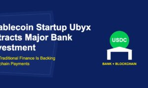 Green stablecoin circle with USDC text above white bank building with columns on dark blue background