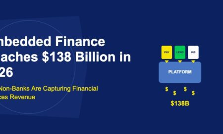 Blue platform base with colorful finance puzzle pieces slotting in and dollar signs flowing out on dark blue background